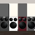 Stylish Modern Washing Machines in Black White and Red Arranged in a Row
