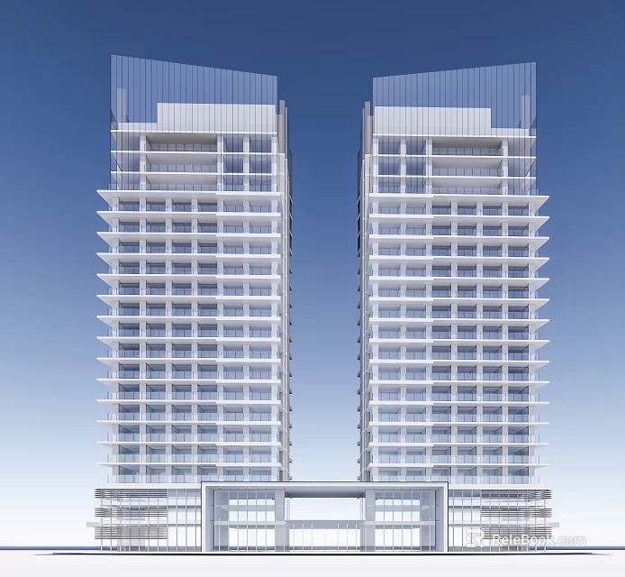 Modern Twin High Rise Office Building Exterior Design With Glass Curtain Walls And Balconies 3d model 