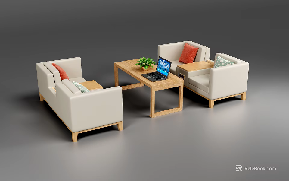 Modern Beige Fabric Sofa with Wooden Coffee Table Laptop Plant and Cushions 3d model 
