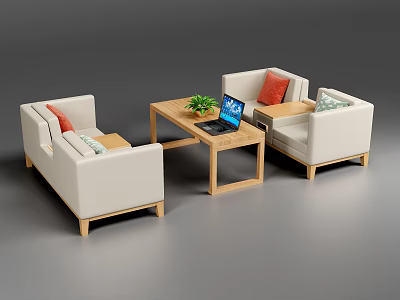 Modern Beige Fabric Sofa with Wooden Coffee Table Laptop Plant and Cushions 3d model