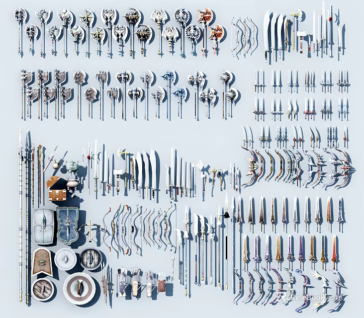 Ancient Metal Weapons Collection With Swords Knives Axes Shields Spears And Bows 3d model 