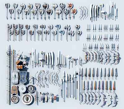 Ancient Metal Weapons Collection With Swords Knives Axes Shields Spears And Bows 3d model