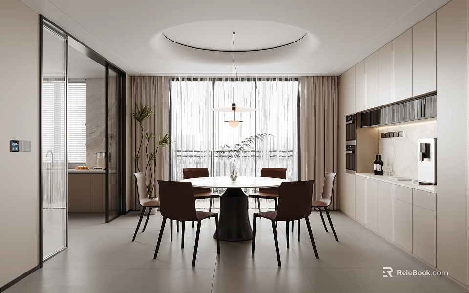 Modern Restaurant Interior Design With Round Dining Table Brown Chairs Pendant Light And Large Windows 3d model 