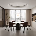 Modern Restaurant Interior Design With Round Dining Table Brown Chairs Pendant Light And Large Windows
