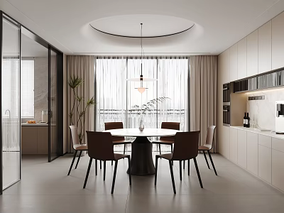 Modern Restaurant Interior Design With Round Dining Table Brown Chairs Pendant Light And Large Windows 3d model