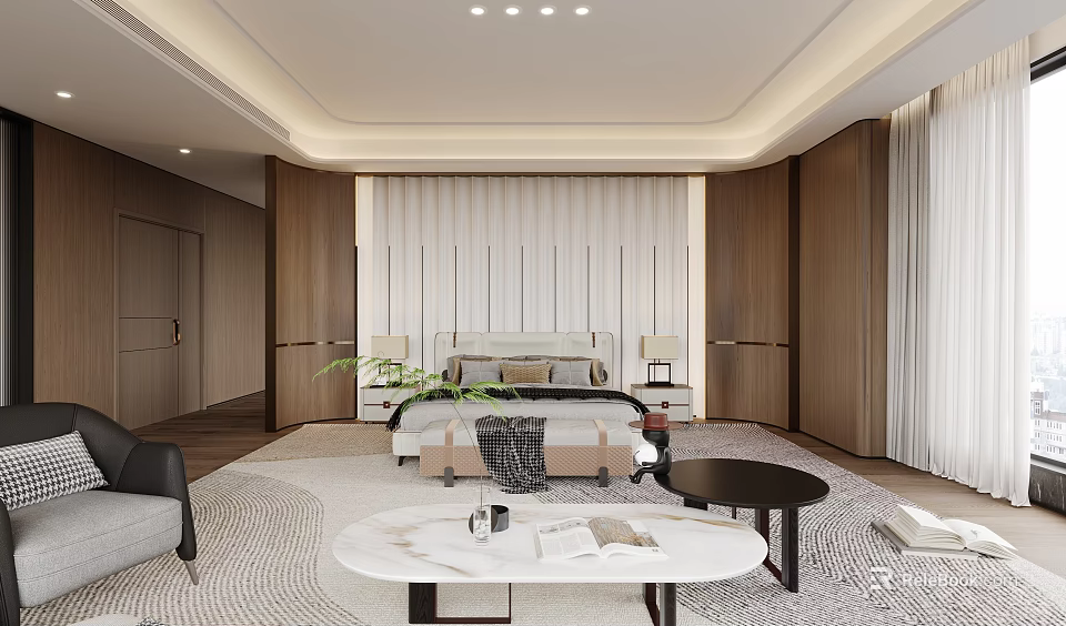 Modern Bedroom Interior With King Size Bed Wooden Nightstands And Area Rug 3d model 