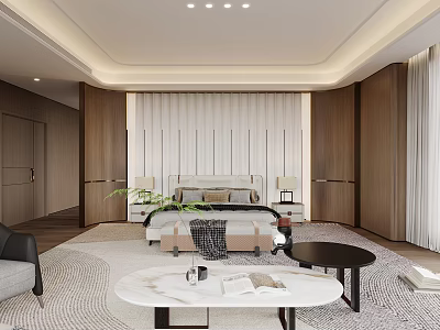 Modern Bedroom Interior With King Size Bed Wooden Nightstands And Area Rug 3d model