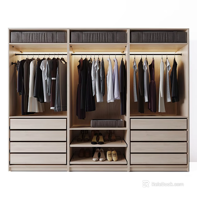 Modern Organized Closet Design With Hanging Clothes Drawers And Shoe Storage Lighting 3d model 