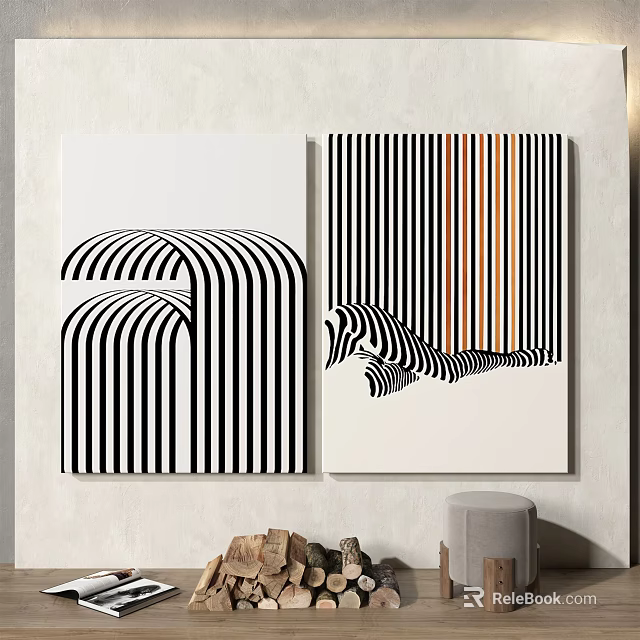 Modern Abstract Wall Art With Black White Stripes And Orange Yellow Patterns 3d model