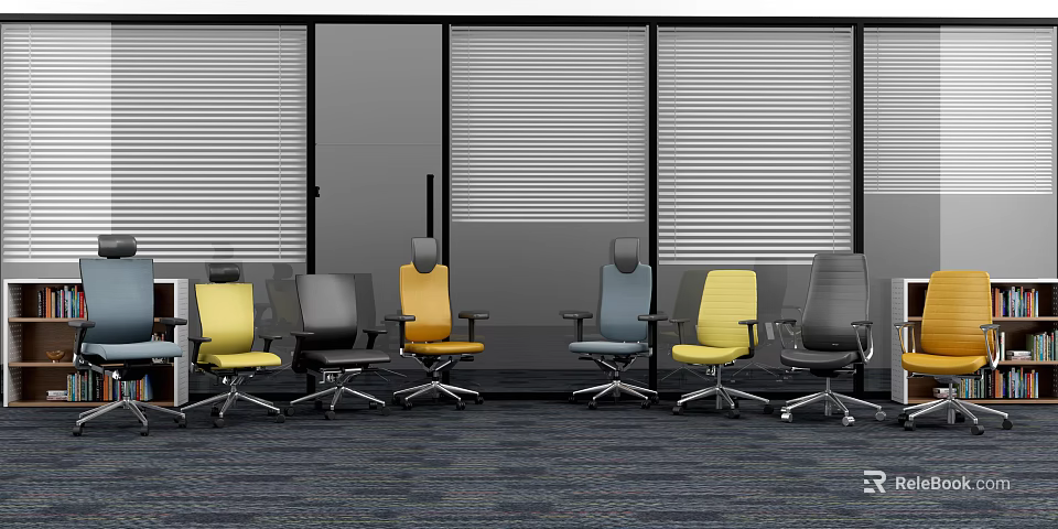 Adjustable Office Chairs In Multiple Colors For Modern Office Space With Roller Blinds 3d model
