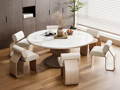Modern Round Dining Table Set featuring Marble Top Six Stylish Chairs and Decorative Items 3d model