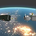 View Of Spacecraft Orbiting Earth With Satellite Solar Panels And City Lights