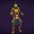 Game Movie Character with Green Skin Spiked Head Red Gold Armor Blue Pants Brown Boots