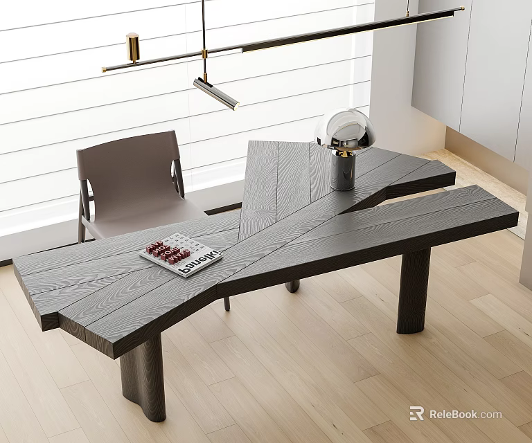Modern Wooden Office Desk With Geometric Design Gray Chair And Decorative Sphere 3d model 