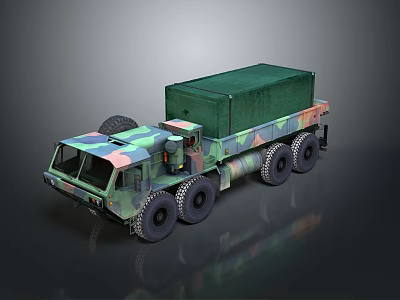 Camouflaged Military Truck With Green Cargo Container And Multi Wheeled Structure 3d model