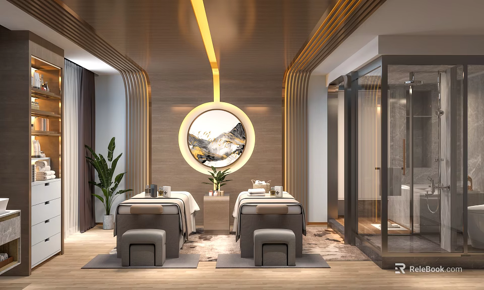 Modern Beauty Salon Interior With Circular Decorative Painting Green Plants And Treatment Beds 3d model 