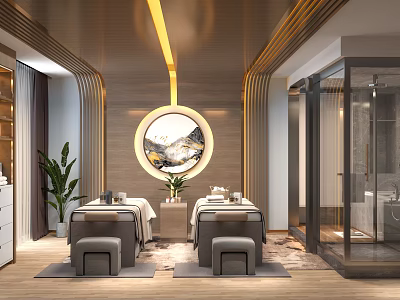 Modern Beauty Salon Interior With Circular Decorative Painting Green Plants And Treatment Beds 3d model