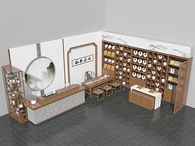 Traditional Chinese Style Specialty Store with Wooden Shelves Round Tea Products and Decorative Elements 3d model
