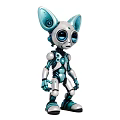 Futuristic Robot Figurine With Large Blue Ears Big Eyes And Silver Blue Body