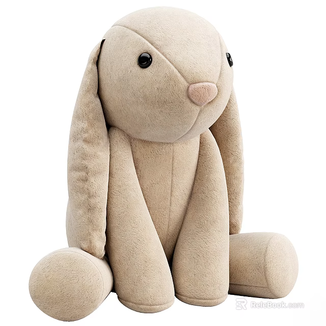 Soft Beige Rabbit Plush Toy with Long Ears Black Eyes and Pink Nose Sitting Position 3d model 