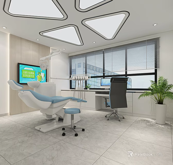 Modern Dental Clinic Interior With Treatment Chair Monitor Window Office Desk And Plant 3d model 