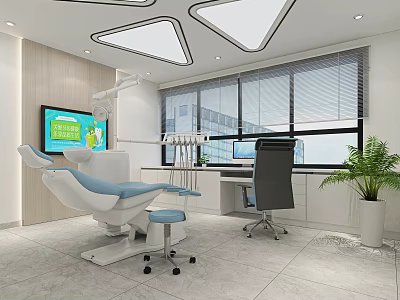 Modern Dental Clinic Interior With Treatment Chair Monitor Window Office Desk And Plant 3d model
