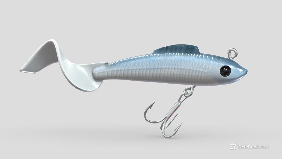 Silver Streamlined Fishing Lure With Curved Tail Sharp Hooks Design 3d model