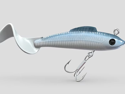 Silver Streamlined Fishing Lure With Curved Tail Sharp Hooks Design 3d model