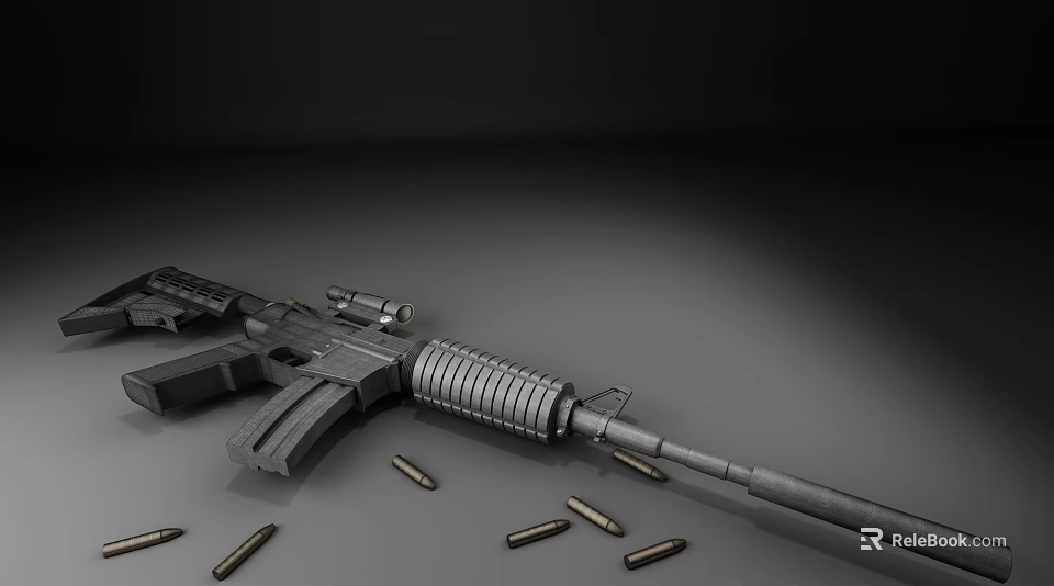 Tactical Rifle With Scope Magazine And Scattered Bullets On Surface 3d model