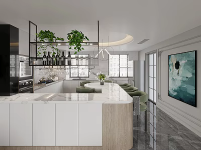 Modern Restaurant Kitchen Interior With White Cabinets Marble Island Green Plants And Pendant Lights 3d model