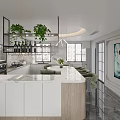 Modern Restaurant Kitchen Interior With White Cabinets Marble Island Green Plants And Pendant Lights