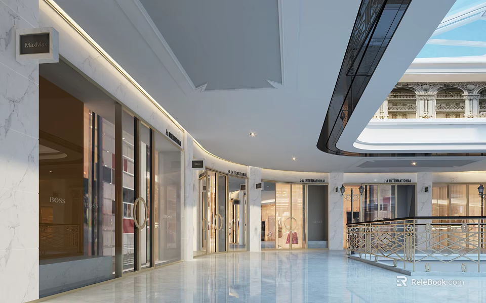 Modern Shopping Mall Storefronts With Glass Doors Bright Lighting And Spacious Marble Flooring 3d model 