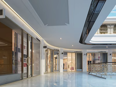 Modern Shopping Mall Storefronts With Glass Doors Bright Lighting And Spacious Marble Flooring 3d model