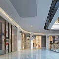 Modern Shopping Mall Storefronts With Glass Doors Bright Lighting And Spacious Marble Flooring