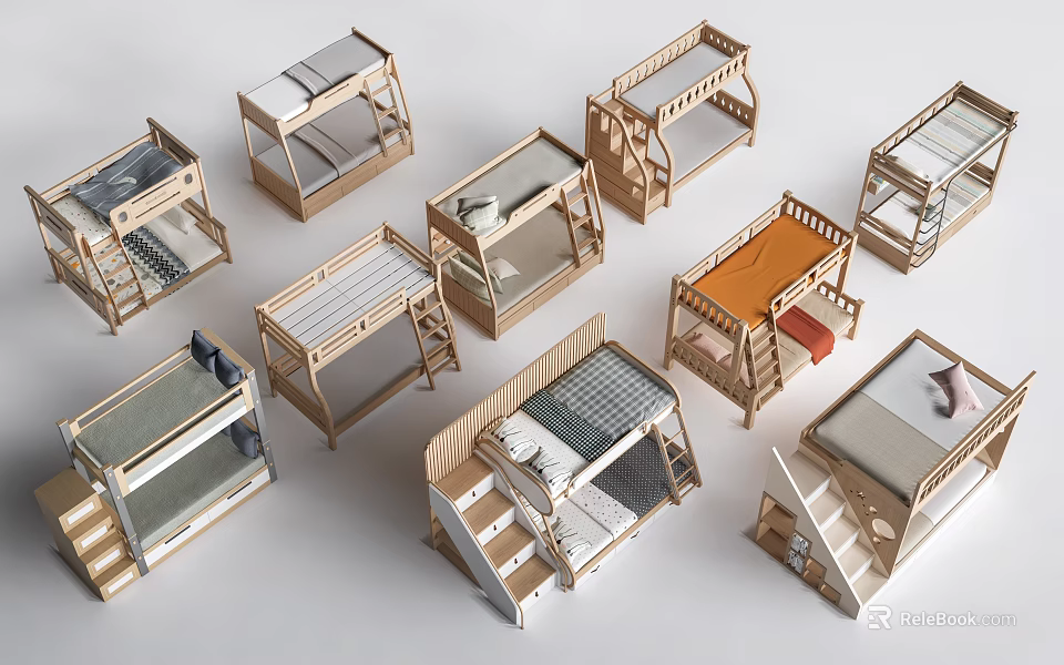 Modern Wooden Bunk Beds With Various Stairs And Ladder Design Options 3d model 