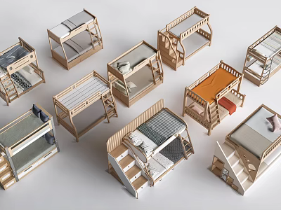 Modern Wooden Bunk Beds With Various Stairs And Ladder Design Options 3d model