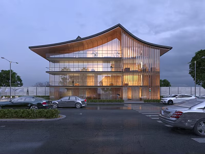 Modern Office Building With Unique Roof Design Glass Curtain Walls Illuminated Interior And Parking Area 3d model