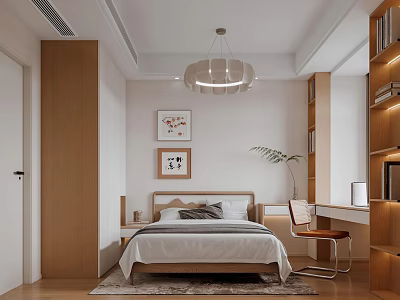 Modern Bedroom Interior with Wooden Furniture Bed Bookshelf Desk Chandelier and Wall Art 3d model