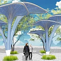 Garden Landscape Design With Mushroom Shaped Blue Shade Structures Trees And Pedestrians
