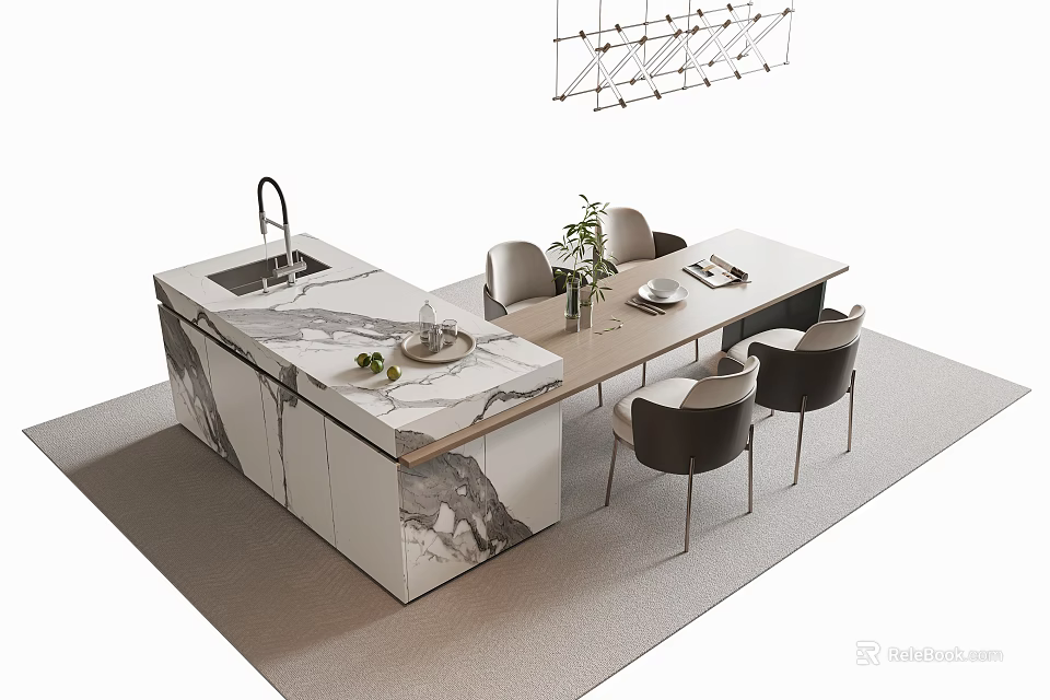 Modern Dining Table Set With Marble Countertop Island Chairs And Pendant Light Fixture 3d model 
