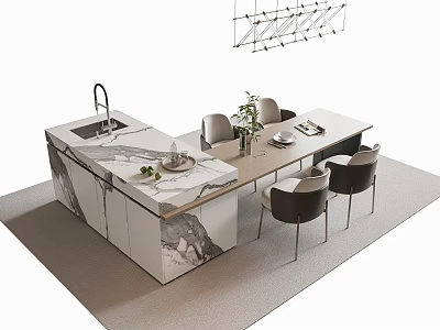 Modern Dining Table Set With Marble Countertop Island Chairs And Pendant Light Fixture 3d model