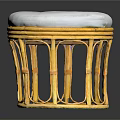 Round Stool With Yellow Rattan Frame And White Padded Seat