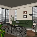 Modern Living Room Featuring Green Sofa Black And White Patterned Rug Floor To Ceiling Windows