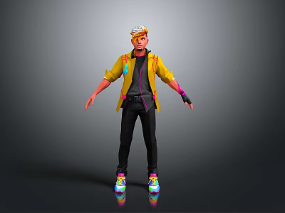 Stylish 3D Character Model Wearing Yellow Jacket Black Pants And Colorful Shoes 3d model