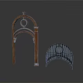 Brown Arched Architectural Structure With Columns And Black Semicircular Grid Decorative Element