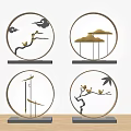 Chinese Style Ornament Decor Set With Circular Frame Gold Cloud Tree Branch And Bird 3d model