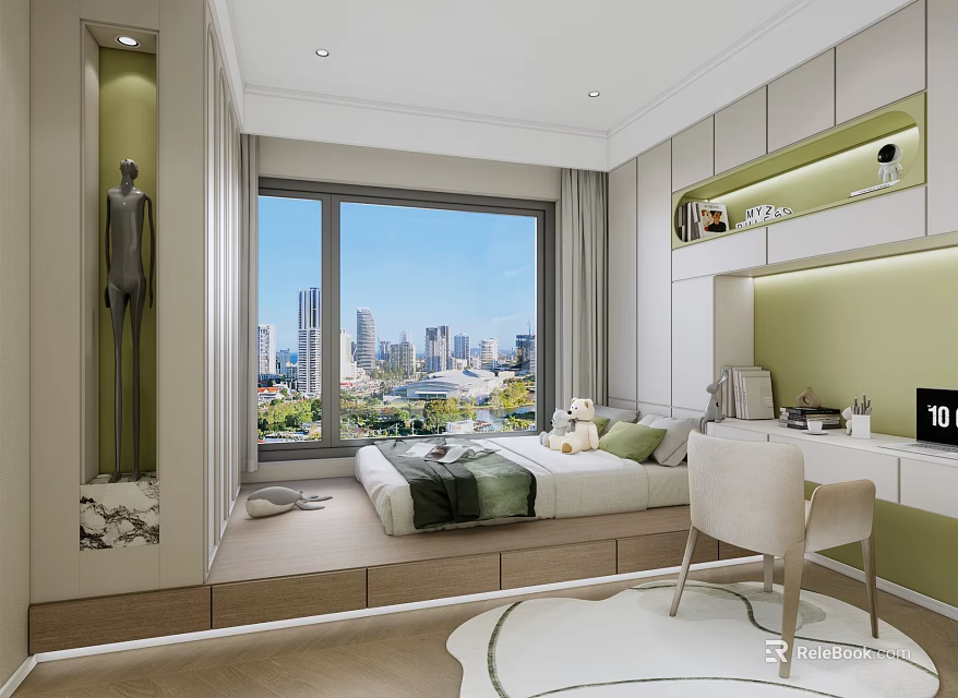 Tatami Bedroom Interior With Large Windows City View Built In Wardrobe And Modern Desk Chair 3d model 