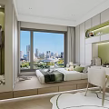 Tatami Bedroom Interior With Large Windows City View Built In Wardrobe And Modern Desk Chair
