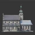 Cartoon Style Church Building Scene With Green Spire Gray Roof And Arched Windows