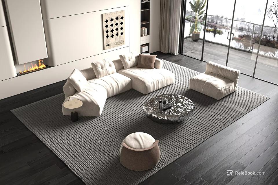 Modern Sofa and Coffee Table Set with Gray Area Rug and Floor to Ceiling Windows 3d model